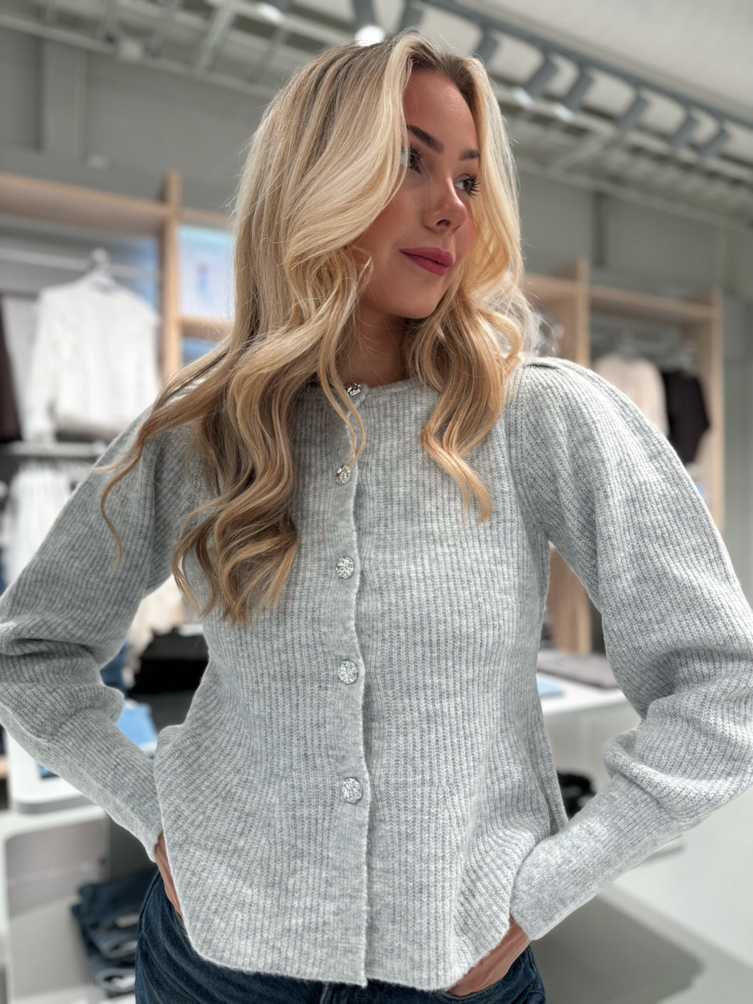 PCANNIE Knit Cardigan - Light Grey Melange